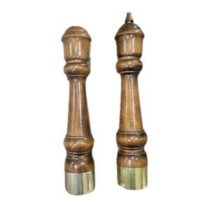 Vintage MCM Wooden Salt & Pepper Shakers Brass‎ Accents Mid-Century Kitchenware